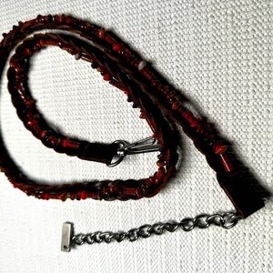 BELT Women Slim Leather Braided Beads & Chain 38-40 Adjustable Brown Hippie Boho